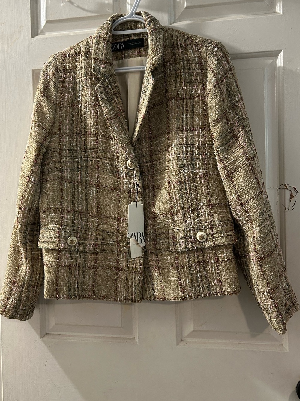 Zara Beige Plaid Tweed Blazer Jacket